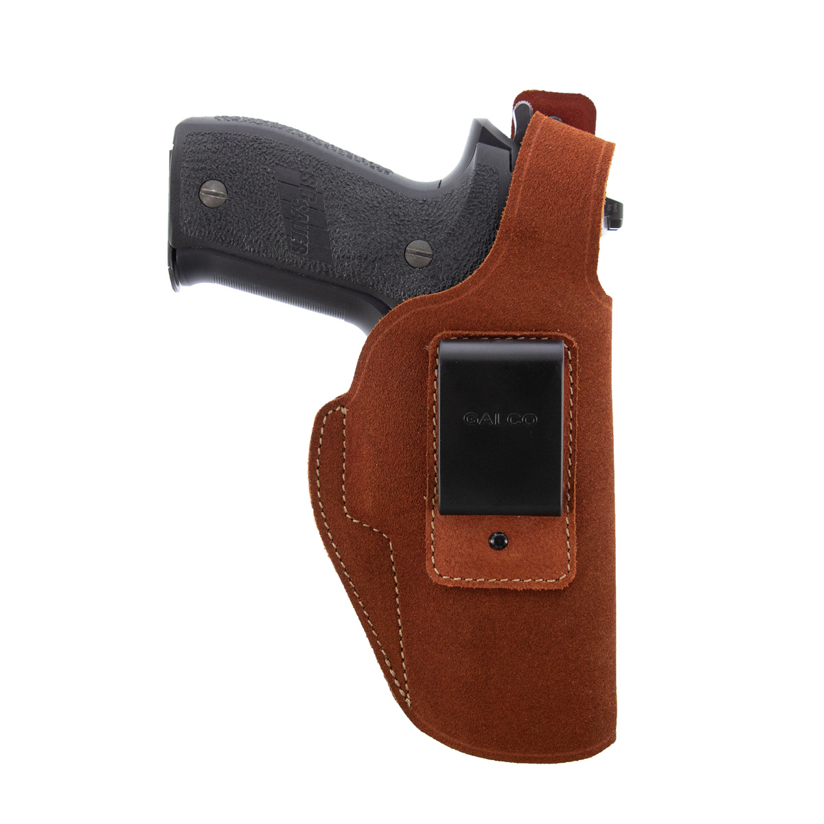 Galco Gunleather Waistband IWB Holster with reinforced thumb break and J-clip for secure belt attachment.