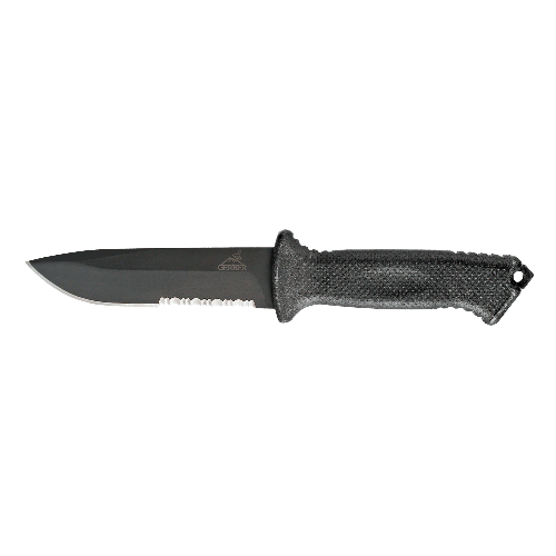 Gerber Gear Prodigy knife featuring a full tang 420HC steel blade and ergonomic molded rubber handle. Ideal for outdoor use.