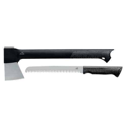 Gerber Gear Gator Combo Axe II with forged steel head and handsaw, perfect for outdoor adventurers and versatile utility.