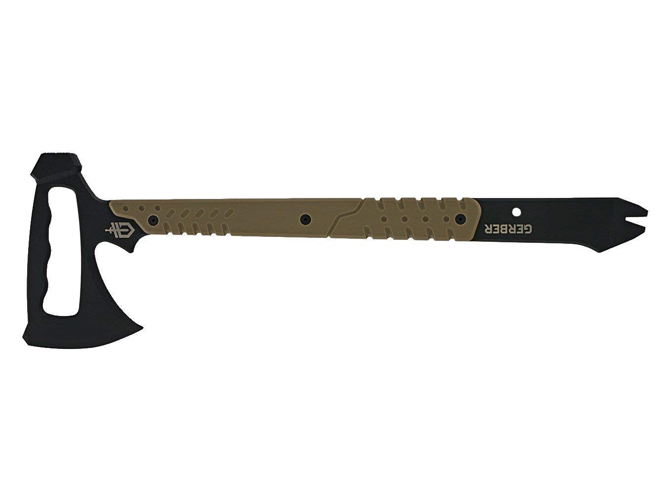 Gerber Gear Downrange Tomahawk featuring a beveled axe head, hammer, and pry bar in a durable G-10 handle.