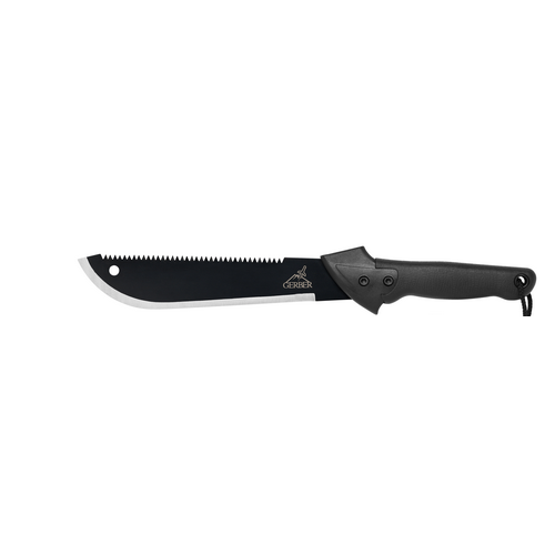 Gerber Gear Gator Machete with dual blade and comfortable grip, ideal for cutting brush and small trees.