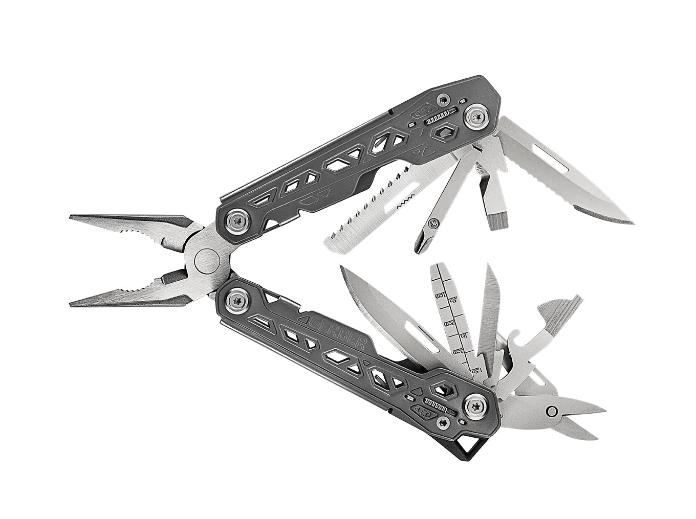 Gerber Gear Truss Multi-Tool showcasing pliers and 17 essential tools in a sleek, compact design for professionals.