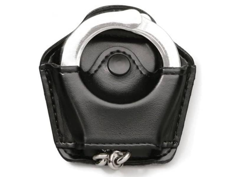 Gould & Goodrich K-Force handcuff holder in black leather, featuring a quick-release snap for one-handed access.