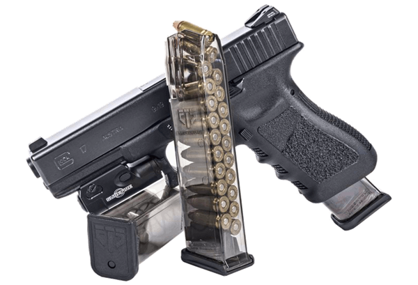 Elite Tactical Systems 9mm mag for Glock 17, 18, 19, 19x, 26, 34, and 45 (10 to 40 Rounds) with weapon