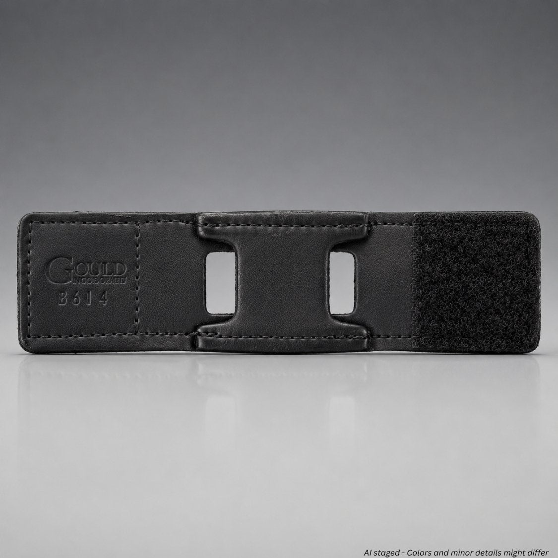 Back of Gould & Goodrich B614 leather pager holder showing hook and loop closure panel and belt slots