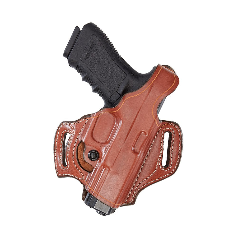 Aker Leather FlatSider XR12 holster with a handgun, showcasing its durable brown leather design and secure fit.