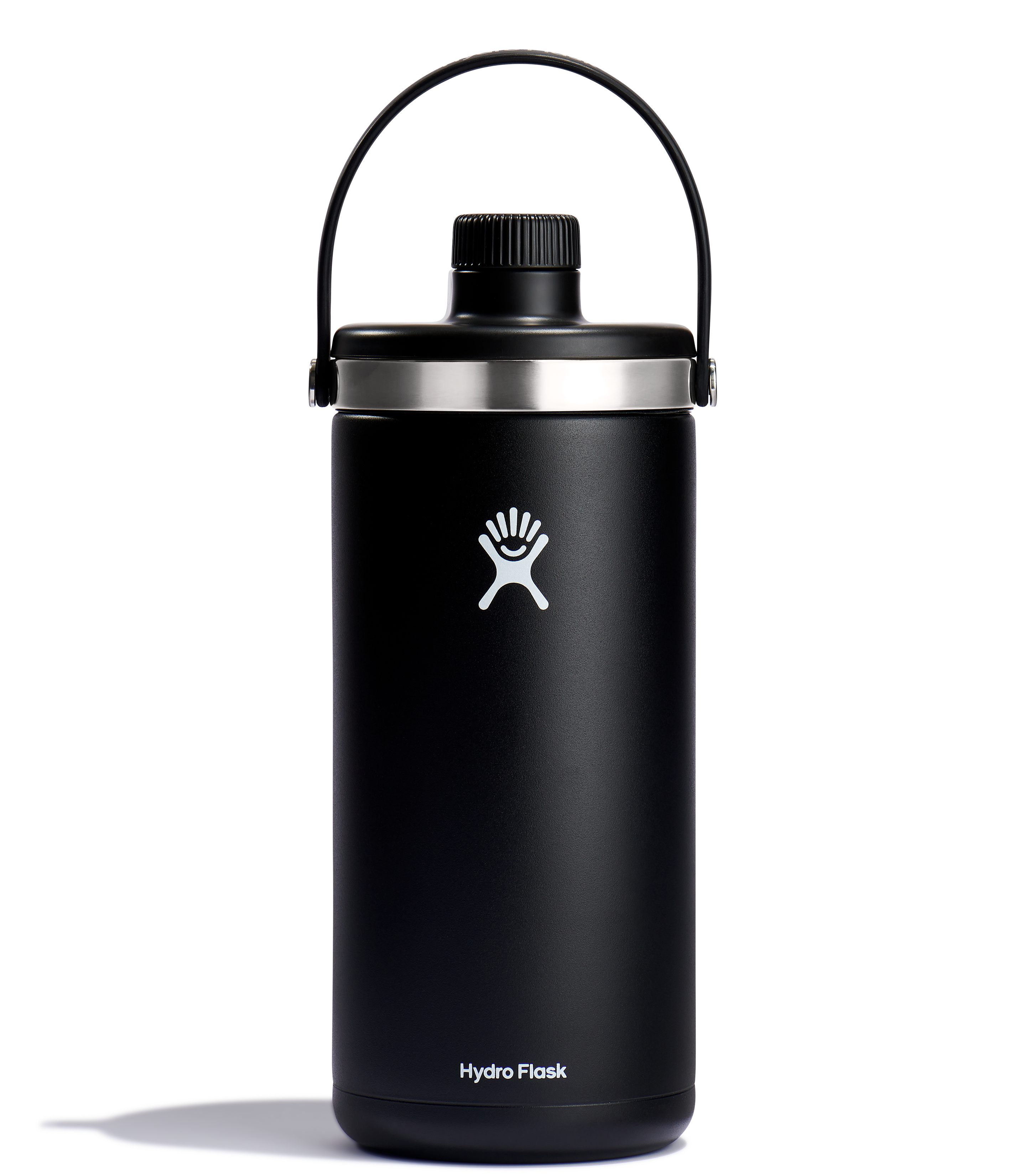 Hydro Flask Oasis Insulated Water Bottle in black, 128oz capacity, designed for outdoor activities with dual lids and easy-grip base.