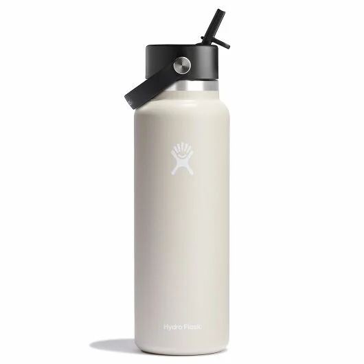 Hydro Flask 40 oz wide mouth water bottle with leakproof Flex Straw Cap, perfect for cold drinks and easy sipping.