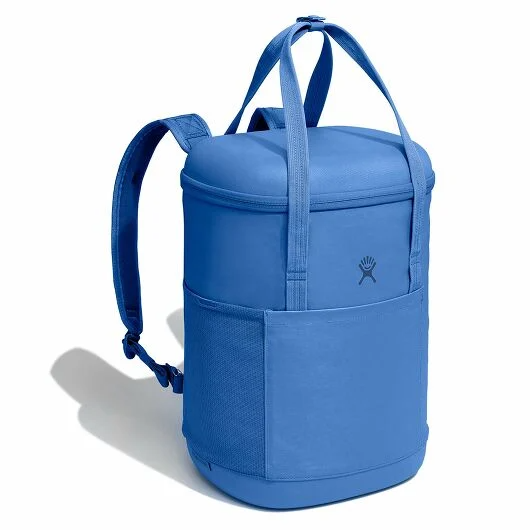 Hydro Flask Carry Out Soft Cooler Pack in blue with padded straps and easy access hinge top for convenience.