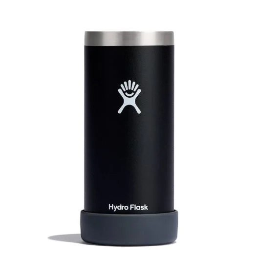 Hydro Flask 12 Oz Slim Cooler Cup in black, featuring a stainless steel design for hot and cold beverages with silicone collar.