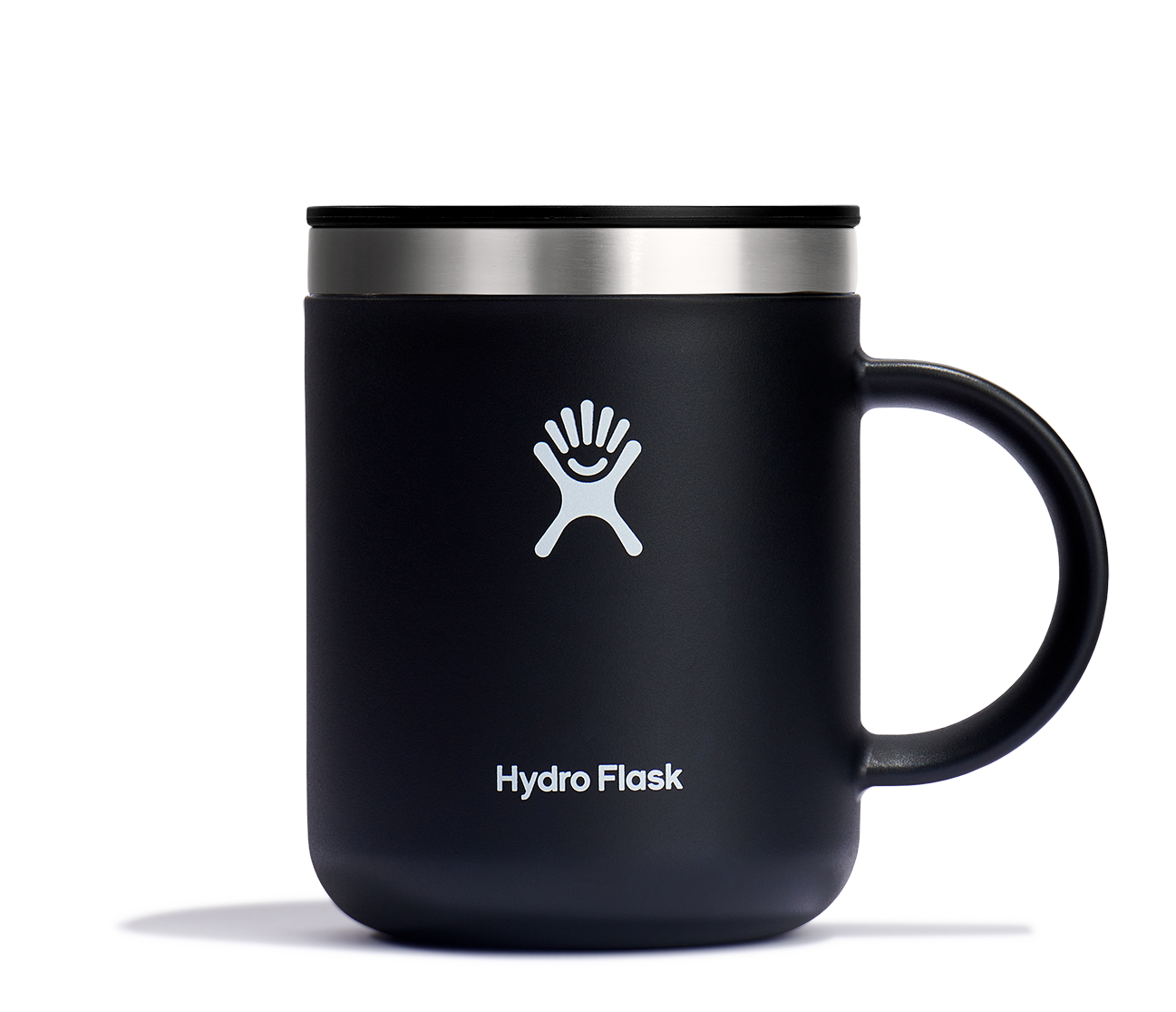 Hydro Flask Insulated Mug in black with stainless steel lid, showcasing stylish design and durable, BPA-free material.