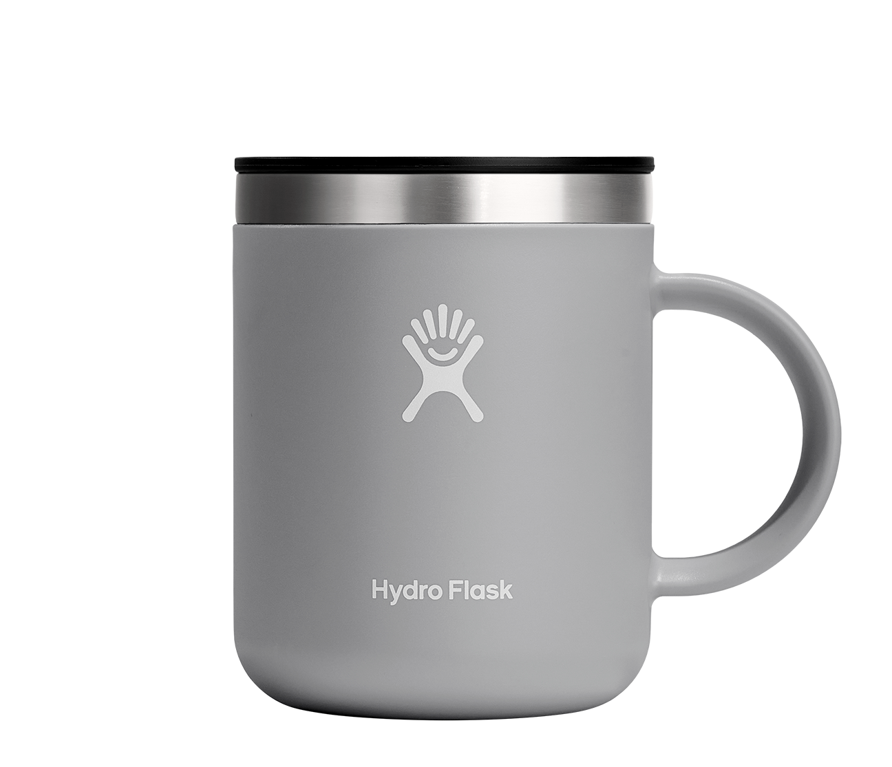 Hydro Flask insulated mug in gray with spill-stopping lid, designed for hot drinks and a comfortable grip. BPA-free stainless steel.
