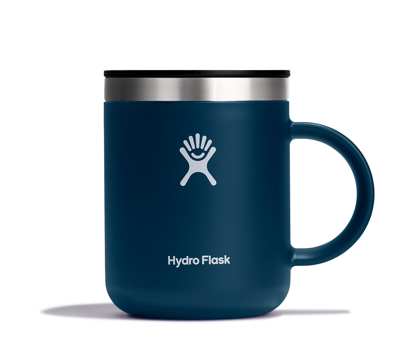Hydro Flask Insulated Mug in navy blue, featuring a stainless steel lid and comfortable handle for hot beverages on the go.