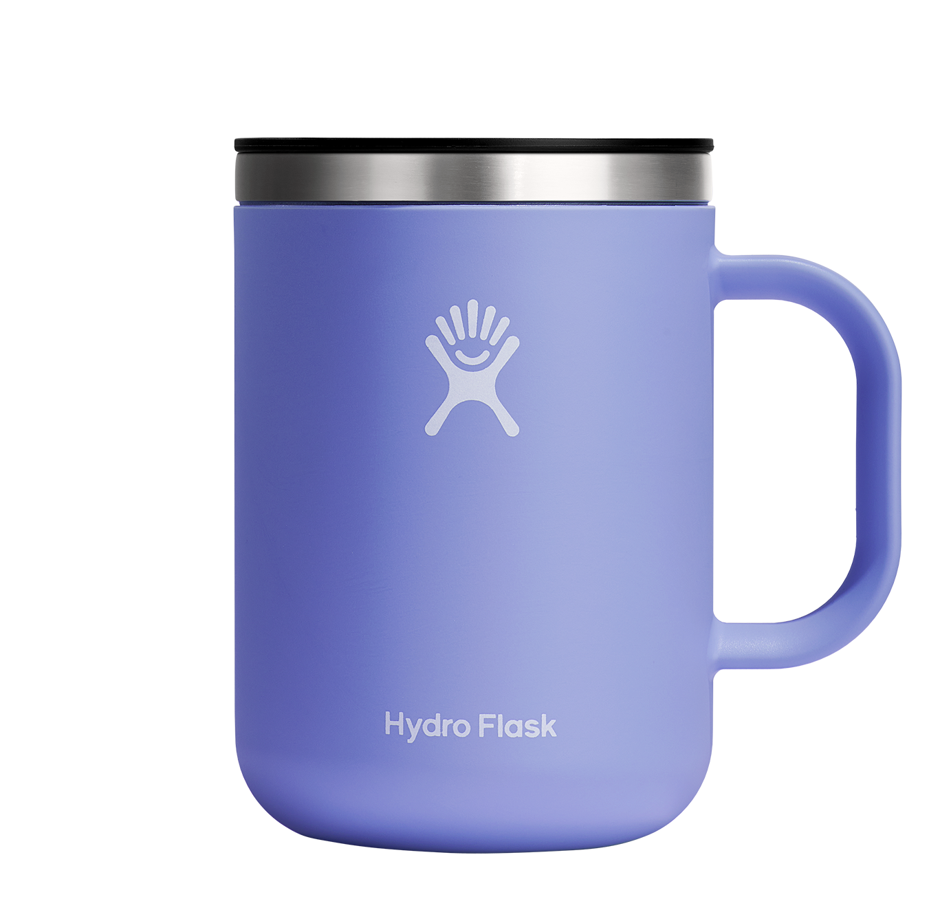 Hydro Flask insulated mug in light purple with stainless steel lid, designed to keep drinks hot and comfortable to hold.