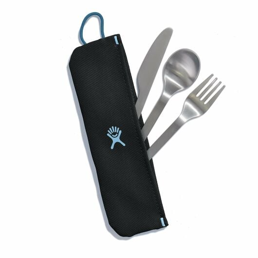 Hydro Flask stainless steel flatware set with carrying sleeve, including fork, knife, and spoon for outdoor dining.