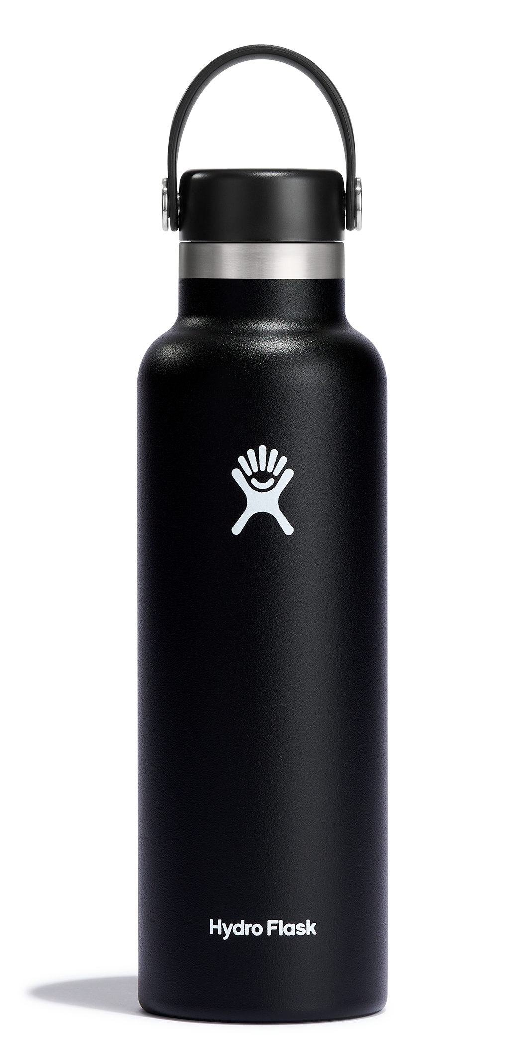 Hydro Flask Standard Mouth Insulated Water Bottle with Flex Cap in black, 18oz, stainless steel, cup holder compatible.