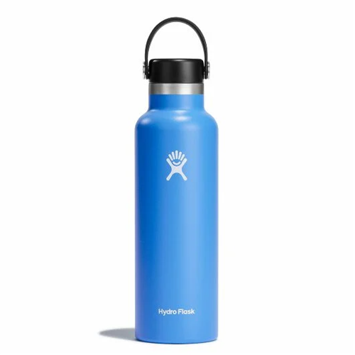 Hydro Flask 21 oz Standard Mouth in blue, stainless steel, insulated for hot and cold drinks, perfect for outdoor activities.