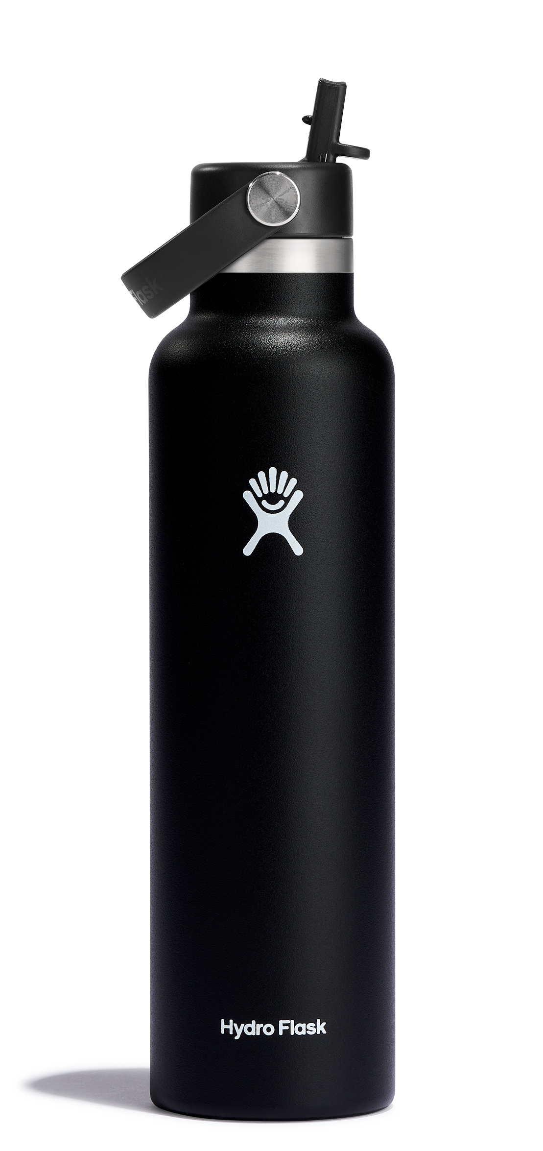 Black Hydro Flask Standard Mouth 24oz Insulated Water Bottle with Flex Straw, designed for outdoor adventures and cup holder compatible.