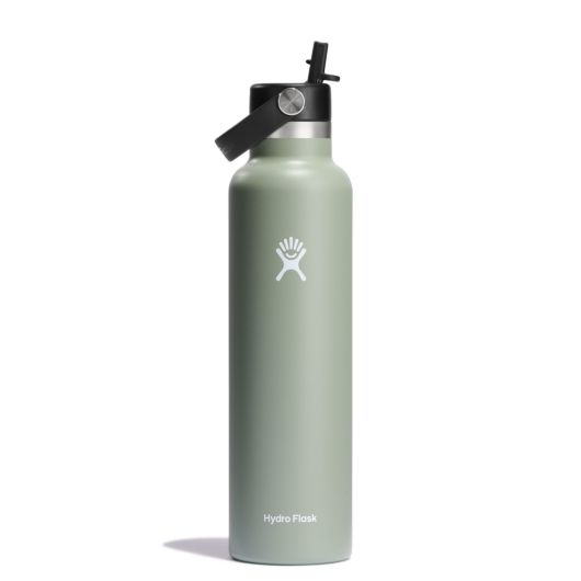 Hydro Flask Standard Mouth 24oz Insulated Water Bottle with Flex Straw in green, perfect for outdoor adventures and cup holder compatible.