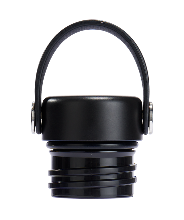 Hydro Flask Standard Mouth Flex Cap in black with a flexible strap and stainless steel pivots for easy transport.