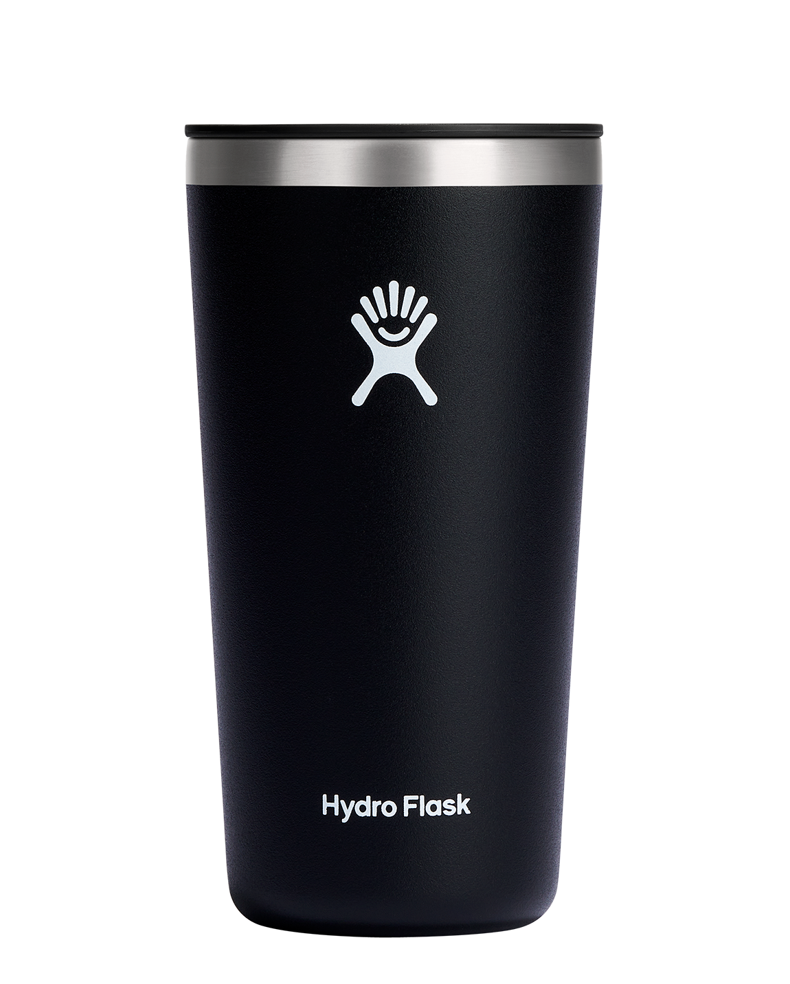 Hydro Flask All Around Insulated Tumbler in black, designed for hot or cold drinks with a snug press-in lid.