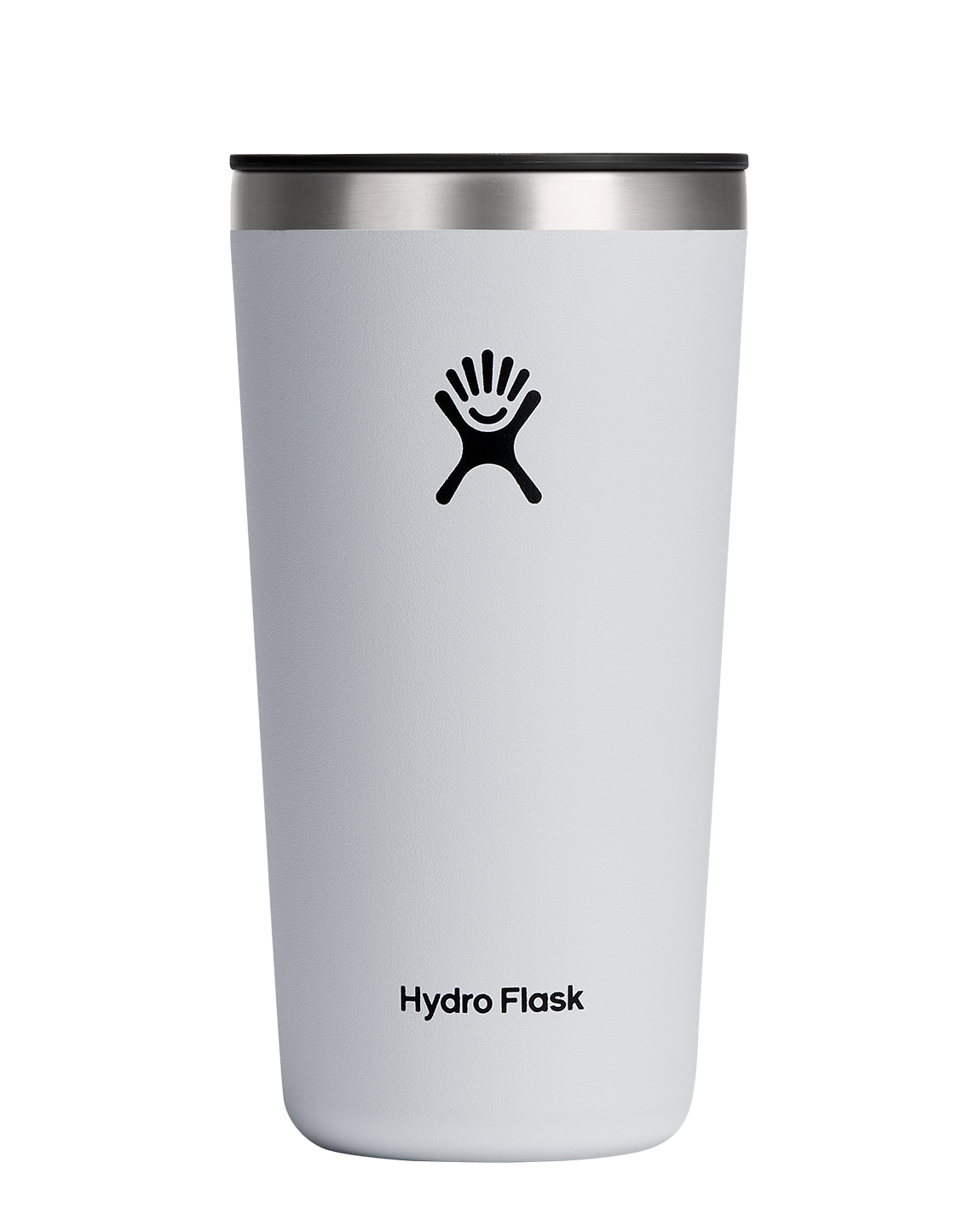 Hydro Flask All Around Insulated Tumbler in light gray with stainless steel lid, perfect for hot or cold beverages.