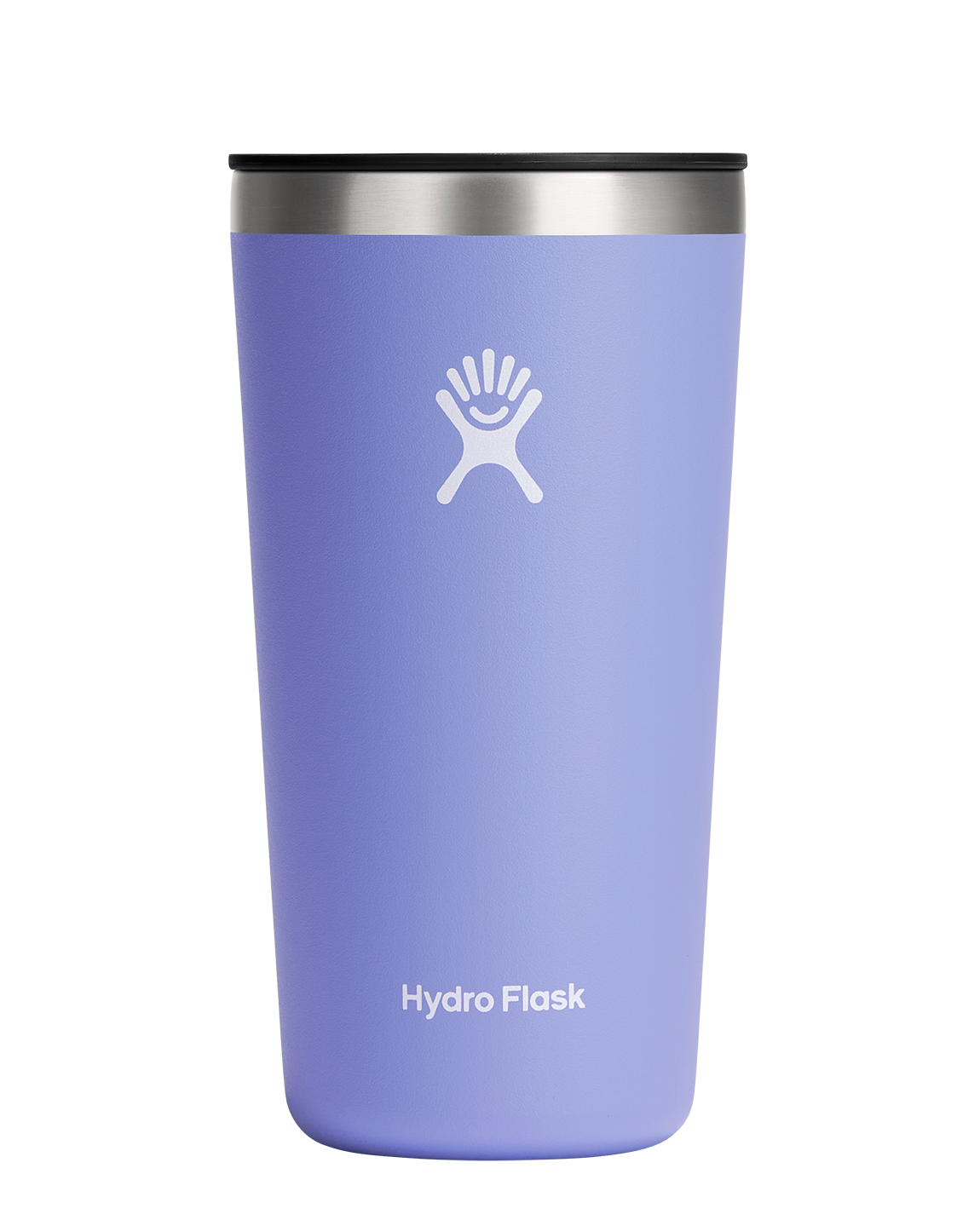Hydro Flask All Around Insulated Tumbler in lavender with stainless steel rim, perfect for hot and cold beverages.
