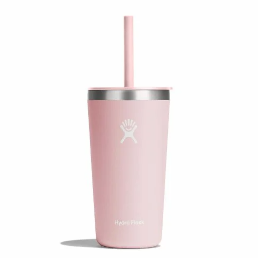 Hydro Flask 20 oz All Around Tumbler in pink with straw lid, perfect for keeping drinks cold and easy to sip.