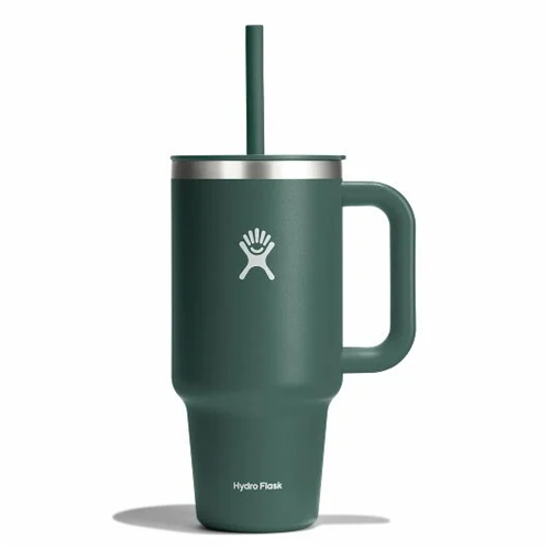 Hydro Flask 32 oz Travel Tumbler in green with straw and durable handle, featuring TempShield insulation for cold drinks.