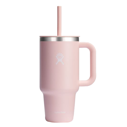 Hydro Flask All Around Travel Tumbler in pink with a straw and comfortable handle, perfect for on-the-go hydration.