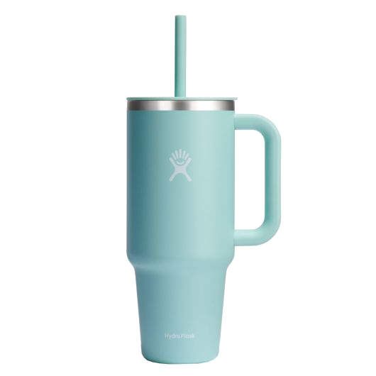 Hydro Flask All Around Travel Tumbler in aqua with a handle and flexible straw, designed for easy hydration on the go.