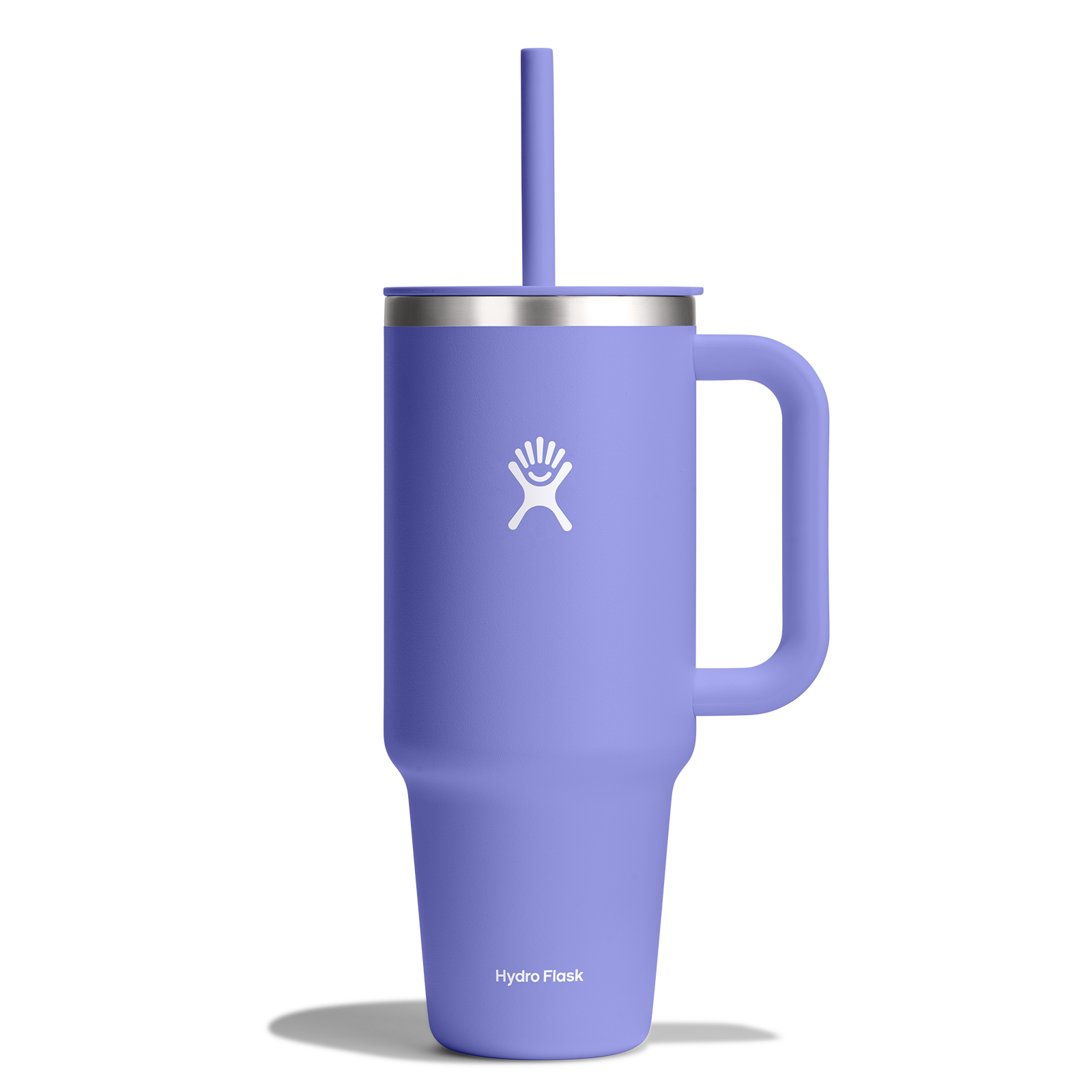 Hydro Flask All Around Travel Tumbler in lavender with durable handle and flexible straw for on-the-go hydration.
