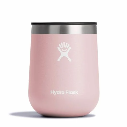 Hydro Flask 10 oz ceramic wine tumbler in pastel pink with stainless steel rim, perfect for enjoying wine.