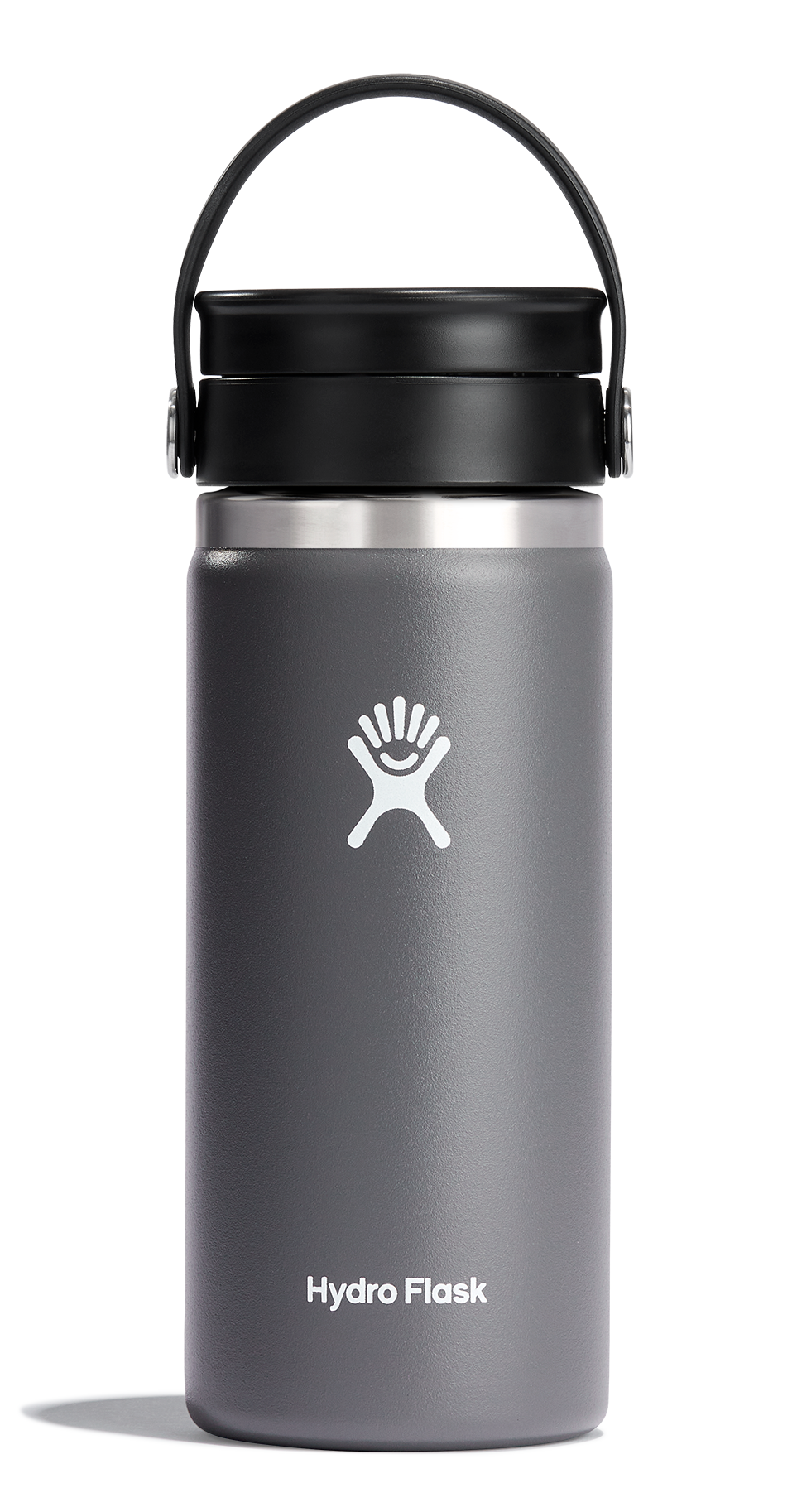 Hydro Flask wide mouth insulated bottle with Flex Sip lid in gray, designed for hot and cold beverages, leakproof and cup holder compatible.