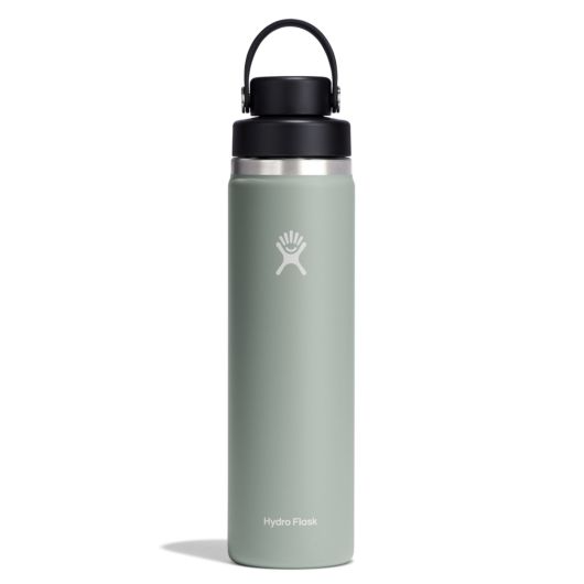 Hydro Flask Wide Mouth Insulated Water Bottle in soft green color with black chug cap and carrying handle.