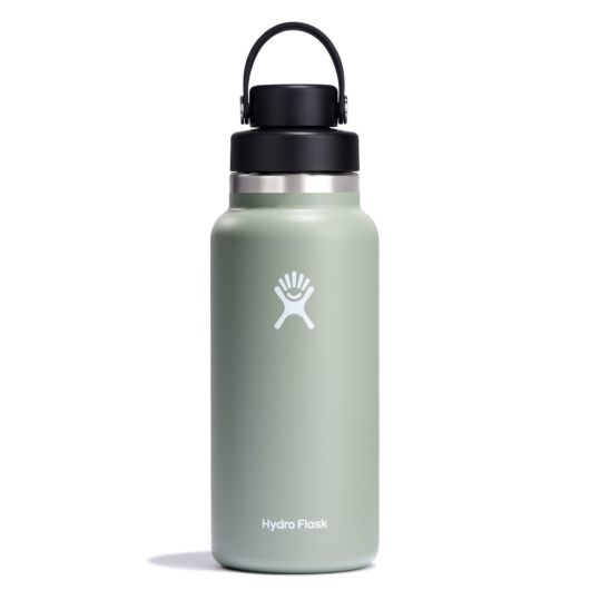 Hydro Flask 32oz wide mouth insulated water bottle in green with leakproof chug cap for on-the-go hydration.