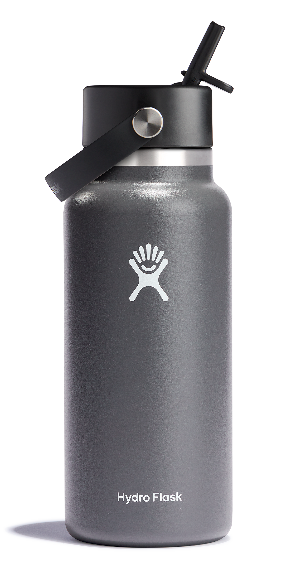 Hydro Flask Wide Mouth Insulated Water Bottle in dark gray with flex straw cap for easy hydration and temperature control.