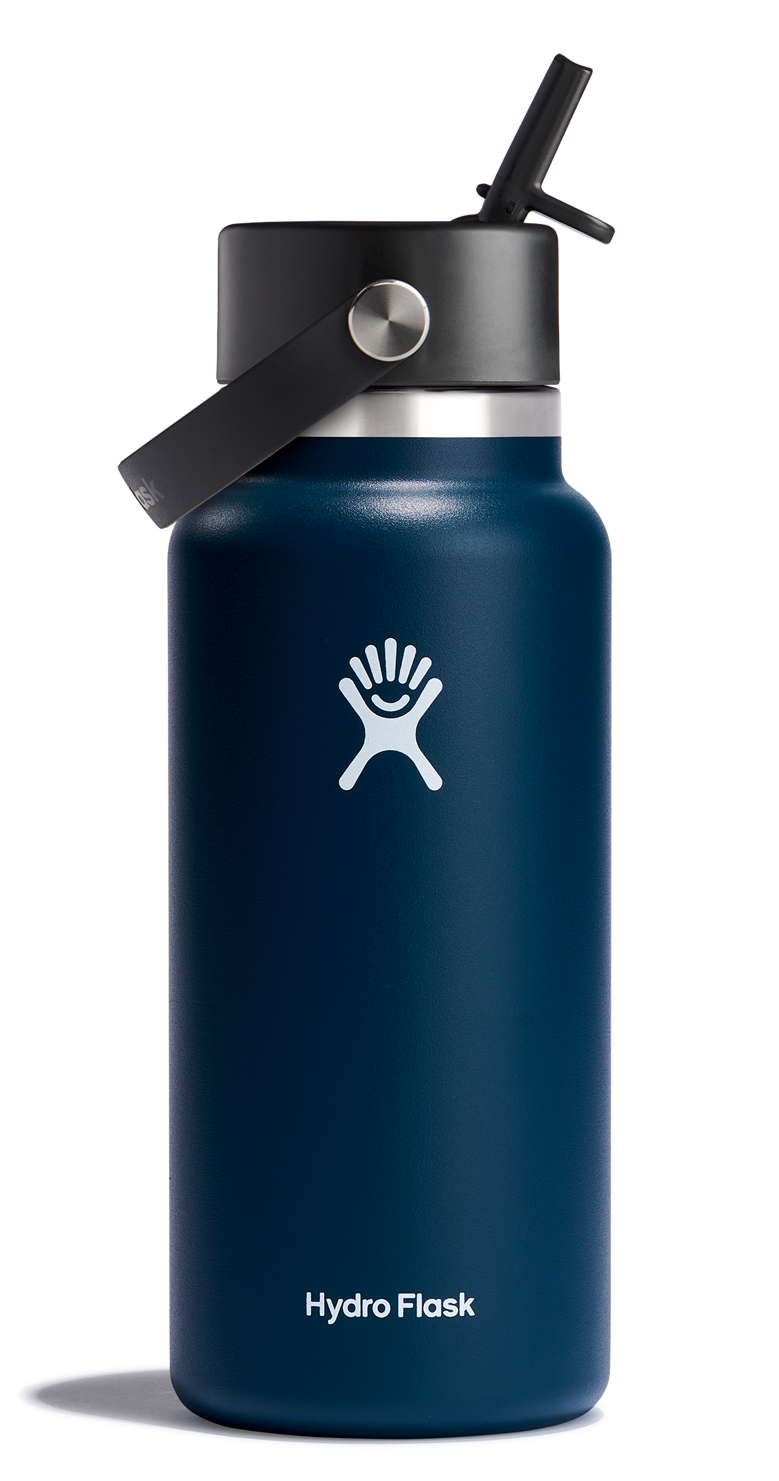 Hydro Flask wide mouth insulated water bottle with flex straw cap in navy blue, perfect for cold drinks.