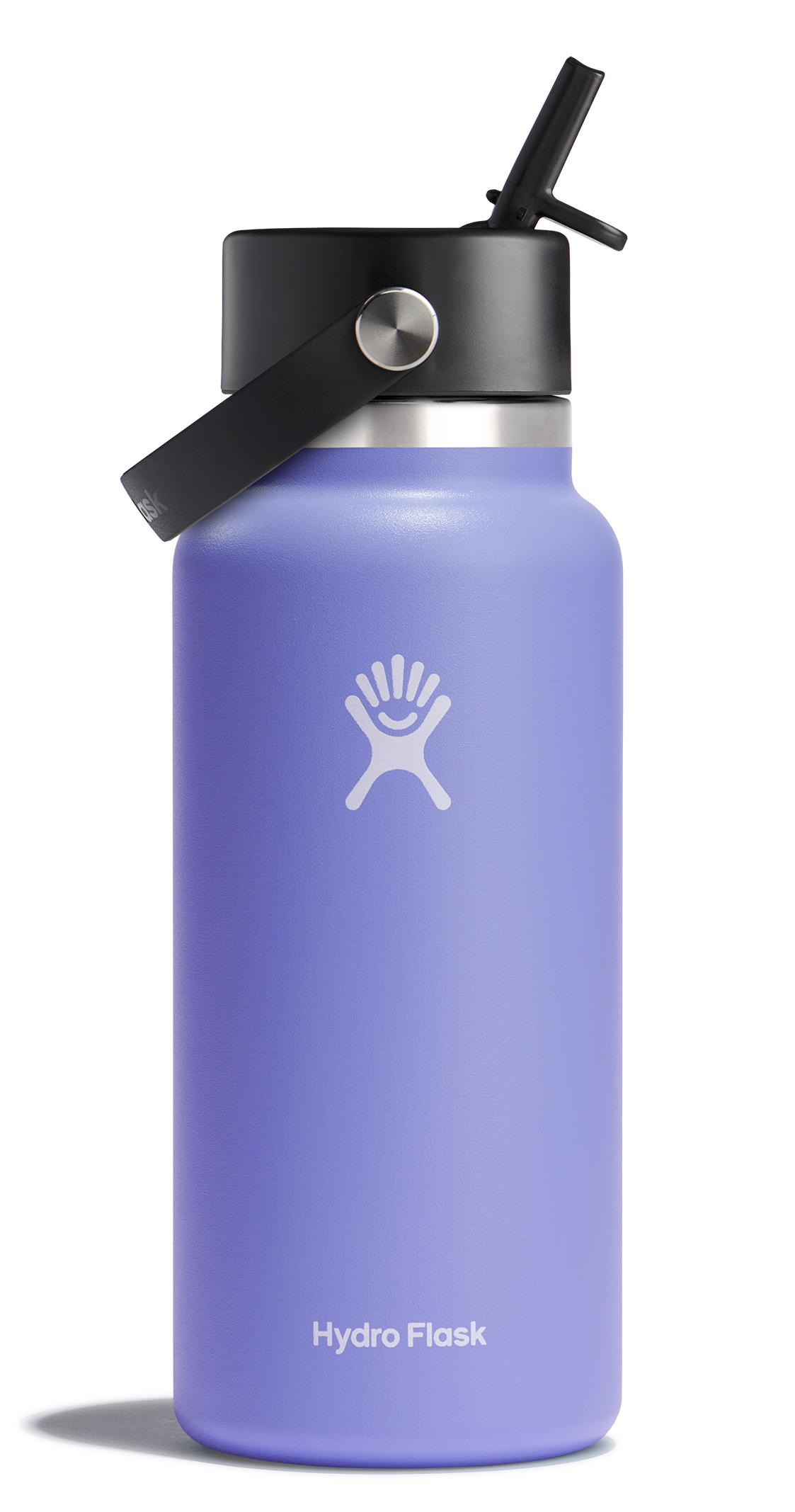 Hydro Flask wide mouth insulated water bottle in lavender with flex straw cap, designed for leakproof convenience and temperature retention.