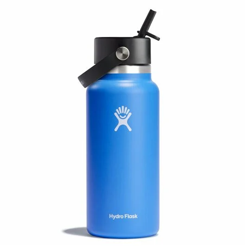 Hydro Flask 32 oz Wide Mouth water bottle in blue with Flex Straw Cap for easy sipping and leakproof design.