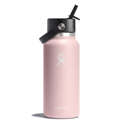 Hydro Flask 32 oz Wide Mouth water bottle in pink with Flex Straw Cap, designed for easy sipping and long-lasting cold beverages.