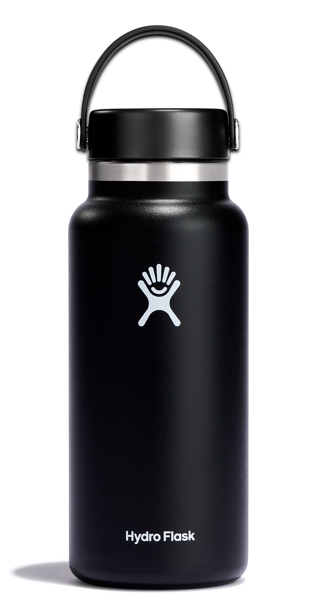 Hydro Flask wide mouth insulated water bottle in black with flex cap, designed to keep drinks cold for 24 hours.
