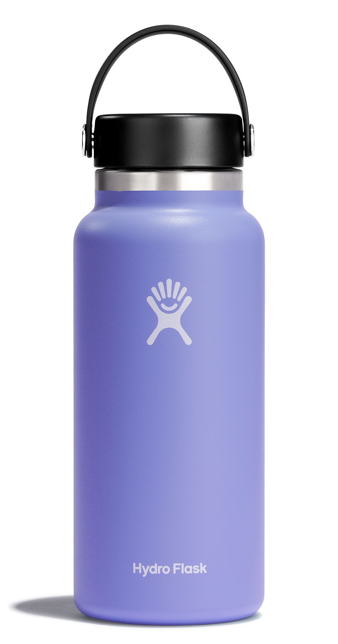 Hydro Flask wide mouth insulated water bottle in purple with Flex Cap, perfect for keeping drinks cold or hot.