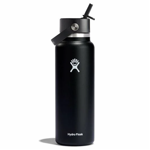 Hydro Flask 40 oz Wide Mouth water bottle in black with Flex Straw Cap for easy hydration and leakproof design.
