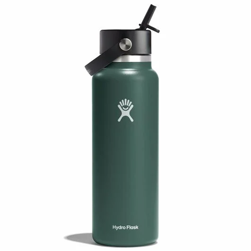 Hydro Flask 42 oz Wide Mouth water bottle in green with Flex Straw Cap for easy sipping and insulation.