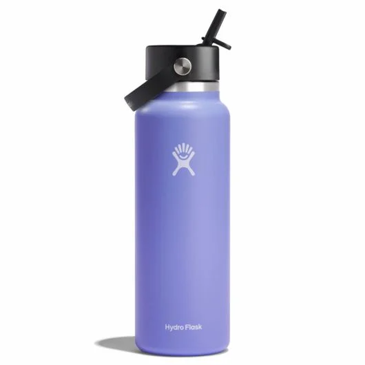 Hydro Flask 40 oz wide mouth water bottle in lavender with leakproof flex straw cap, ideal for cold drinks and outdoor adventures.