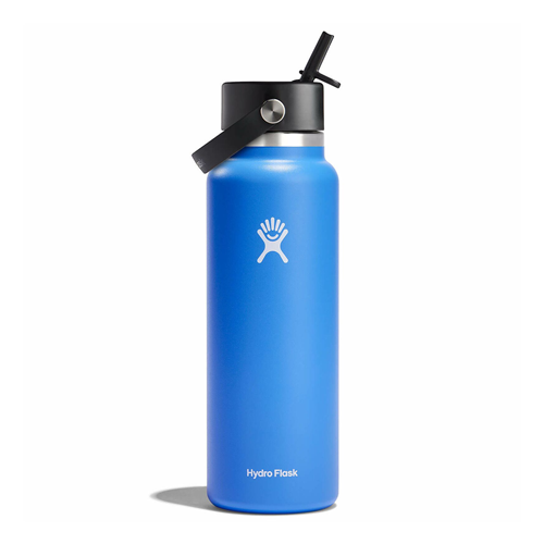 Hydro Flask 44 oz Wide Mouth water bottle in blue with leakproof Flex Straw Cap for easy drinking and insulation.