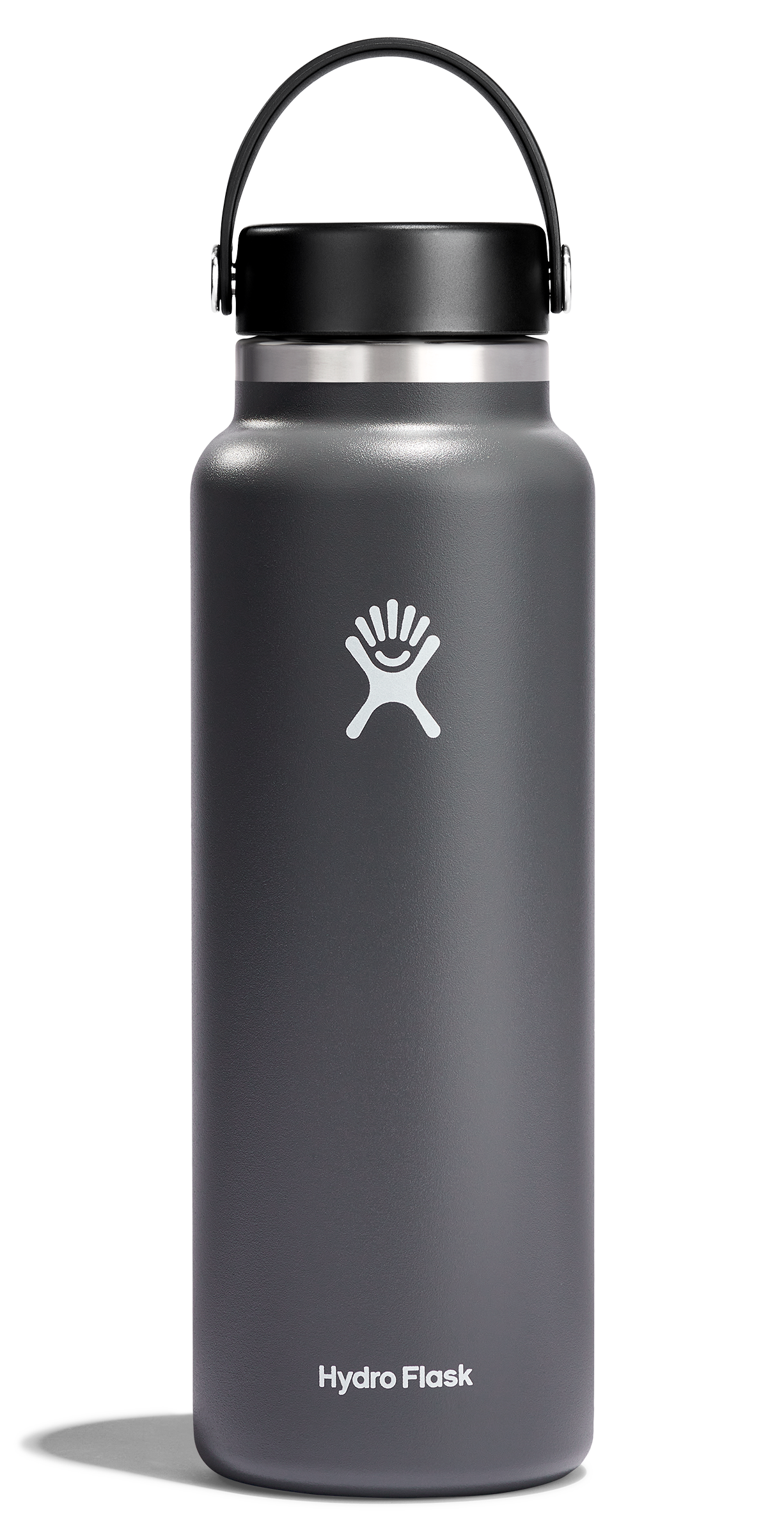 Hydro Flask wide mouth insulated water bottle in stainless steel, designed for keeping drinks hot or cold on the go.