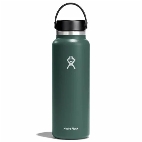 Hydro Flask 40 oz Wide Mouth stainless steel water bottle in green, insulated for cold drinks up to 24 hours and hot drinks up to 12 hours.
