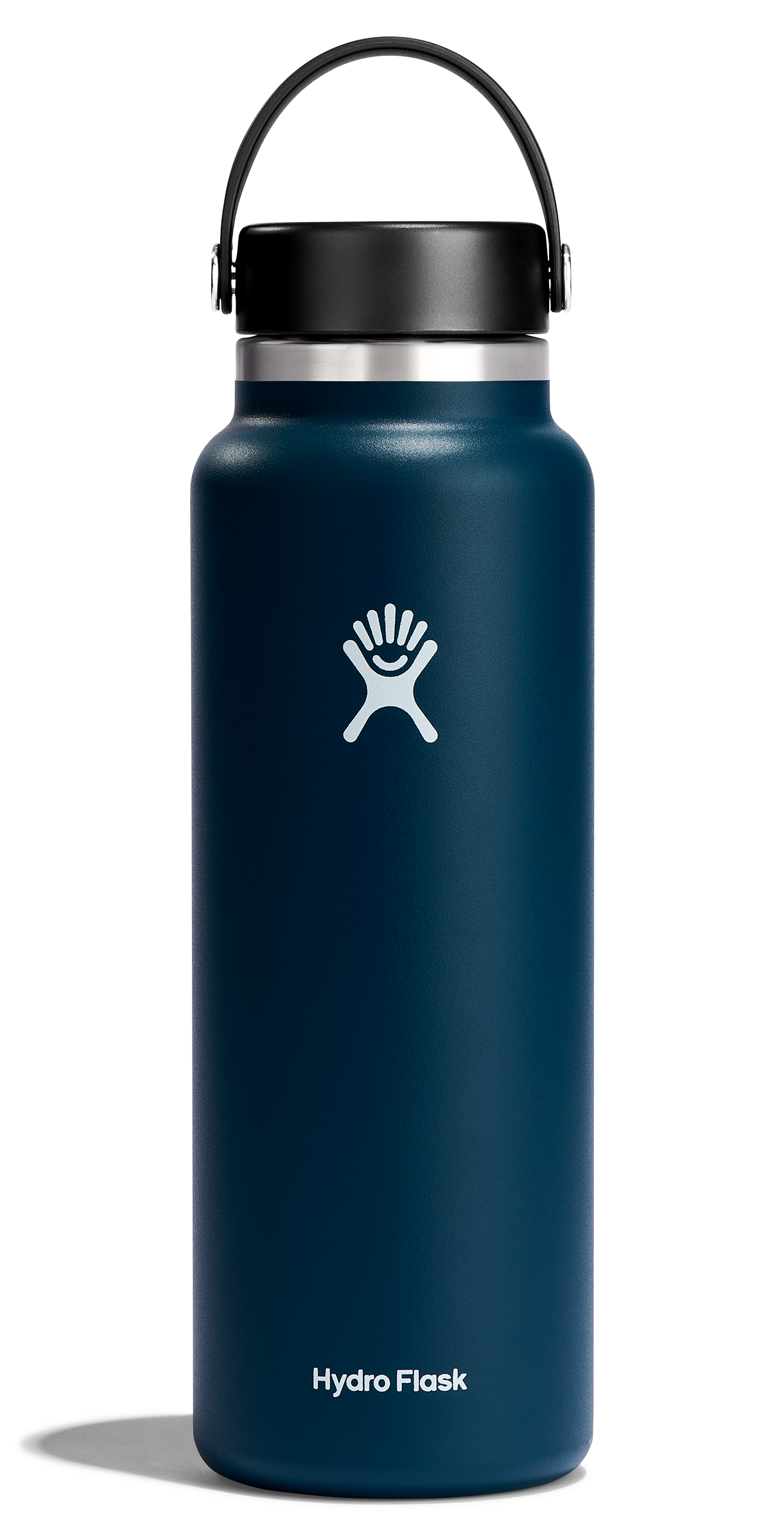 Hydro Flask wide mouth insulated water bottle in deep blue with Flex Cap, perfect for keeping drinks hot and cold.